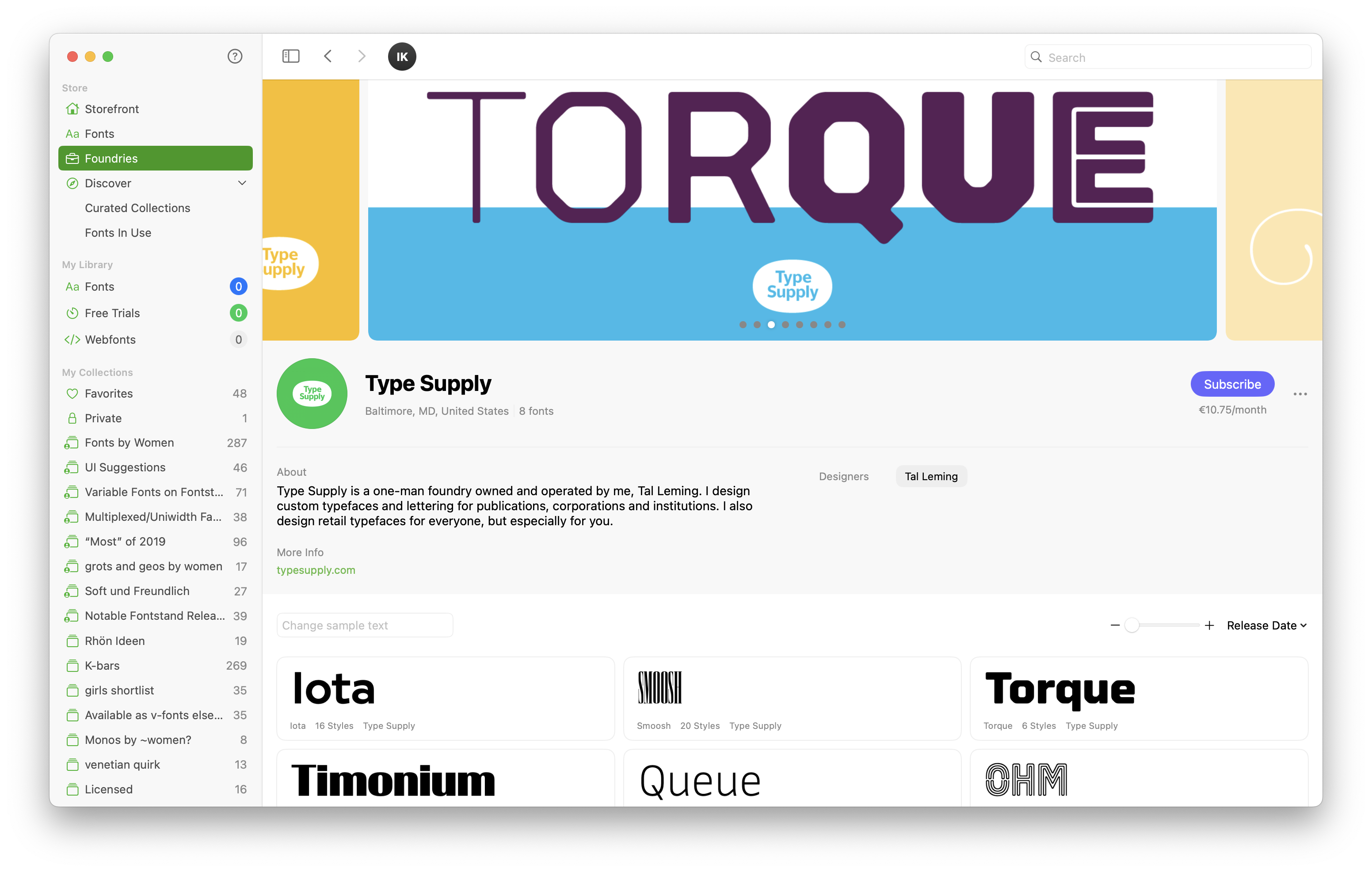 Screenshot of the foundry overview of Type Supply on Fontstand